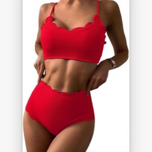 Scalloped Textured High Waisted Bikini Set Swimsuit Size Small